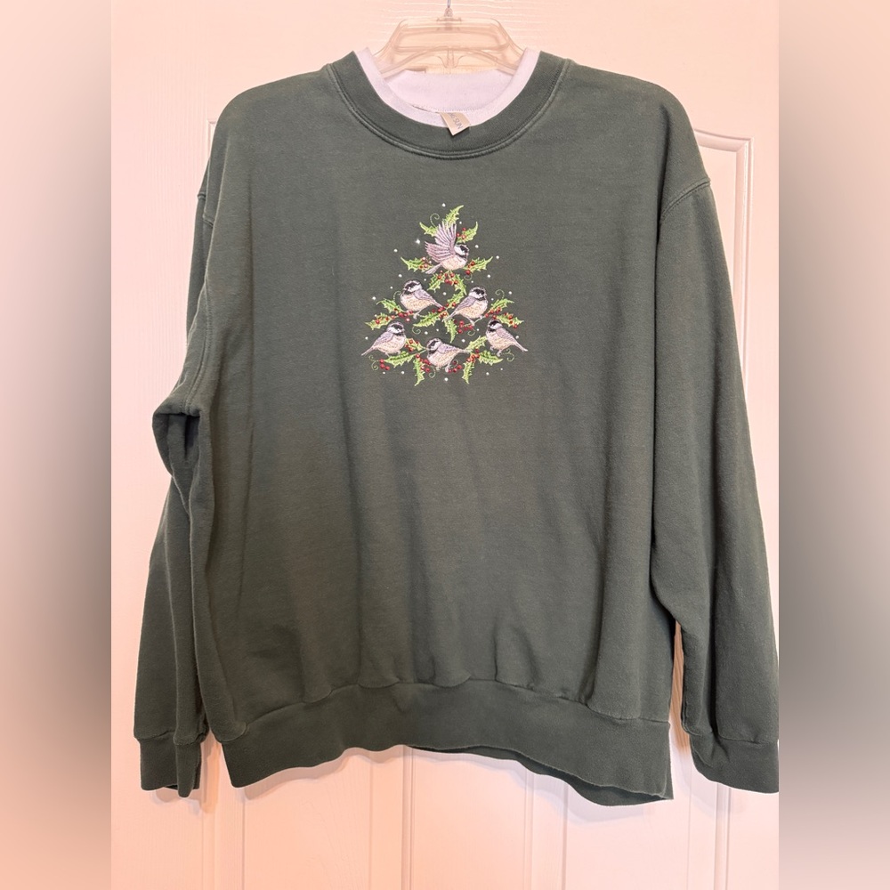 Holiday Green Sweatshirt with Holly and Bird Design